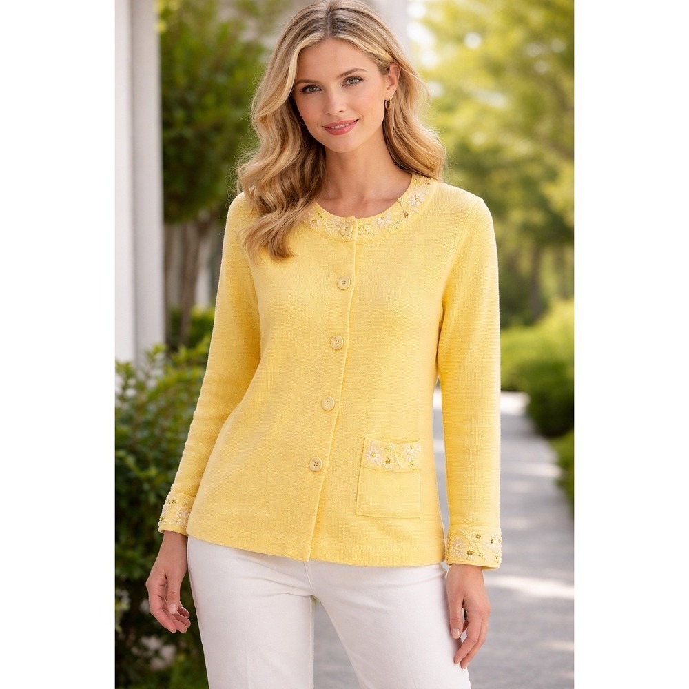 Talbots Petites Yellow Cotton Embroidered Floral Beaded Cardigan Sweater Size S